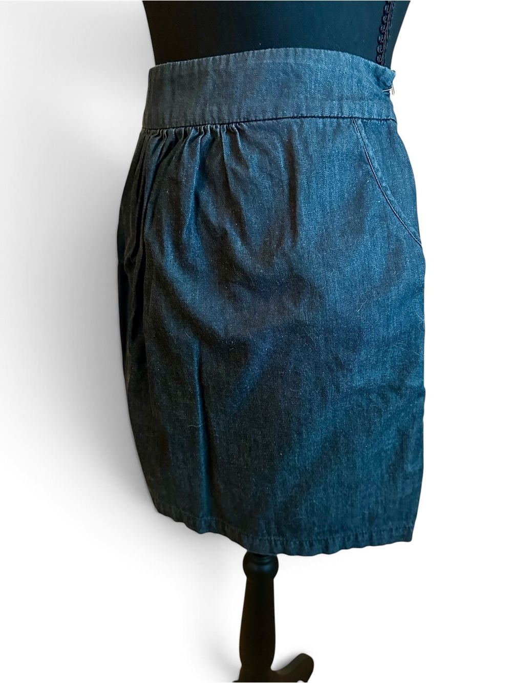 Criss Cross Dark Wash Denim Chambray Skirt Pockets